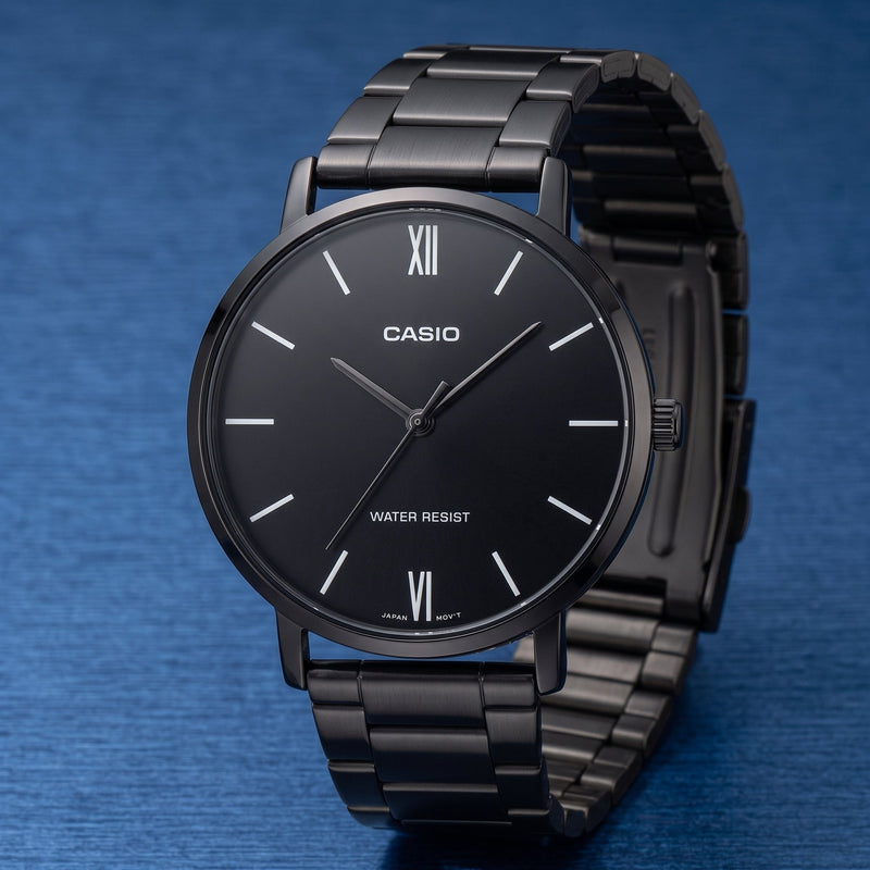 men's wristwatch on a blue surface