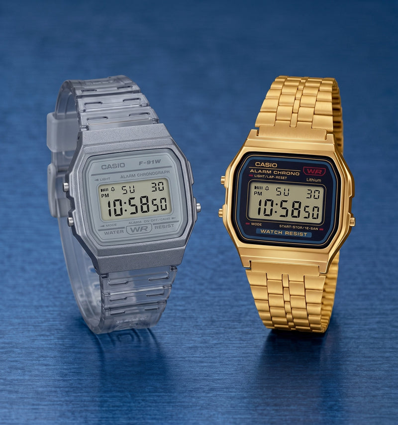 two watches laying on a blue surface